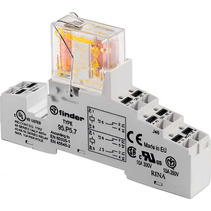 Интерфейсный модуль FINDER (сборка 50.12.9.024.5000 + 95.P5SMA), электромеханическое реле безопасности; 2CO 8A; AgNi+Au; 24В DC; IP20; клеммы Push-in; металлическая клипса 48.P2.9.024.5007SMA